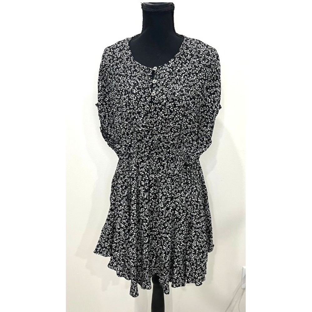 Free People One Fine Day Mini Dress Black White Floral Boho Pockets Small EUC